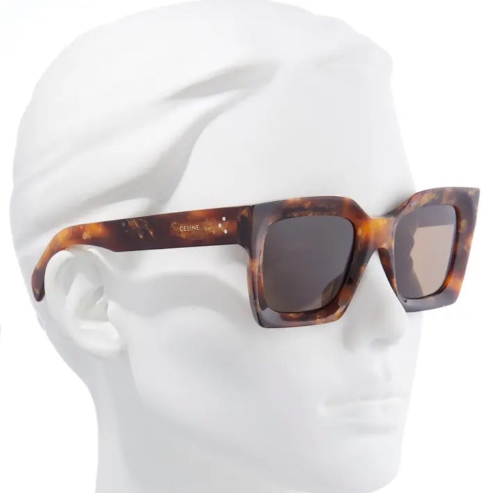 CELINE 51mm Square Dark Havana Golden Leaf Brown Acetate Sunglasses New